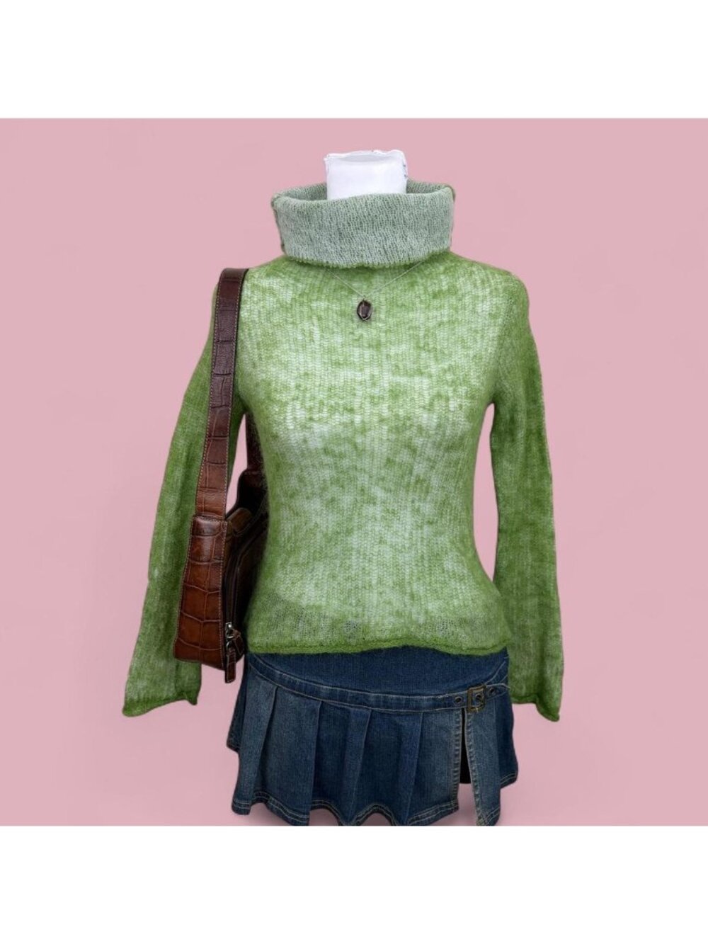 moth sheer green boho netted mohair turtleneck top